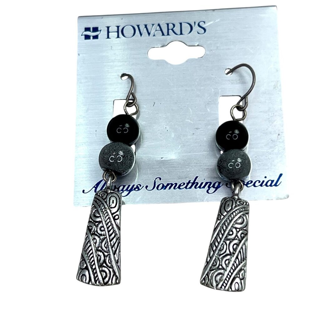 Howards Dangle Earrings Black Gray Silver Tone Stone Beaded Metal Embossed NWT
